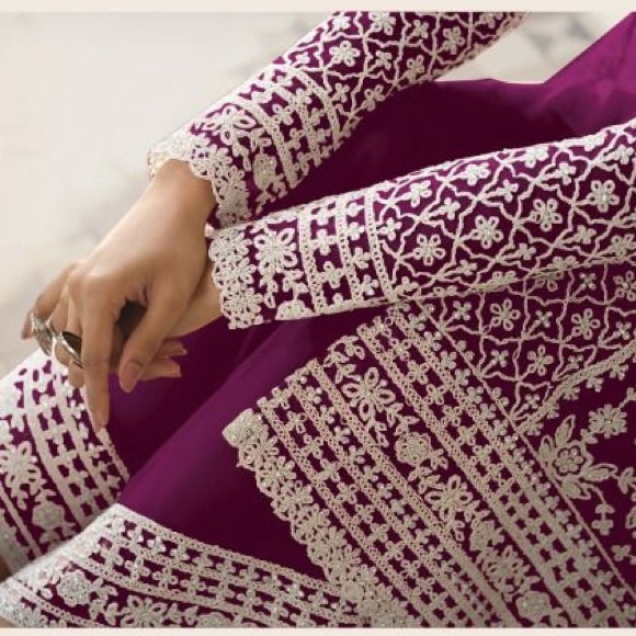 Purple Color Net Fabric Party Wear Provocative Embroidered Palazzo Suit - Picture 3 of 3